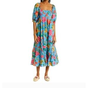 NWT Farm Rio Blue Toucans Garden Midi Dress Puff Sleeves Tropical Cruise Vacatio